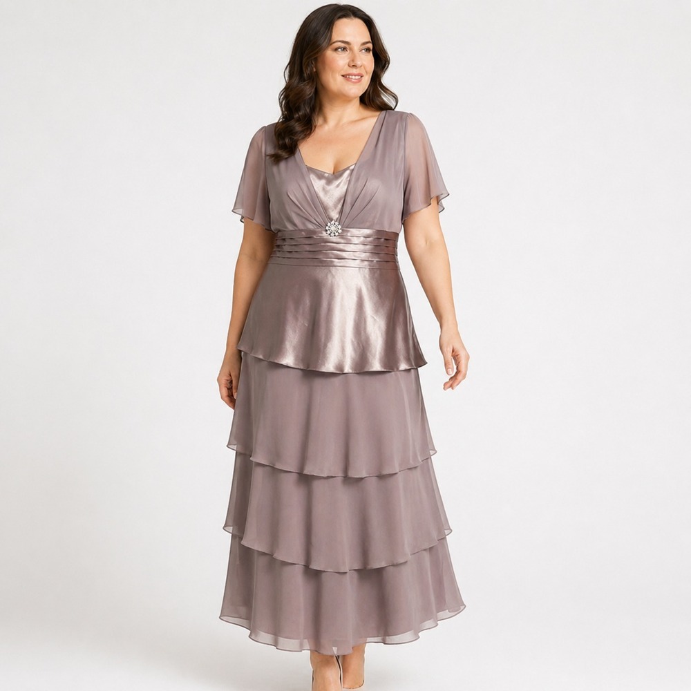 D'Albert Taupe Formal Dress Womens 16 Mother Bride Tiered Satin Flutter Sleeve